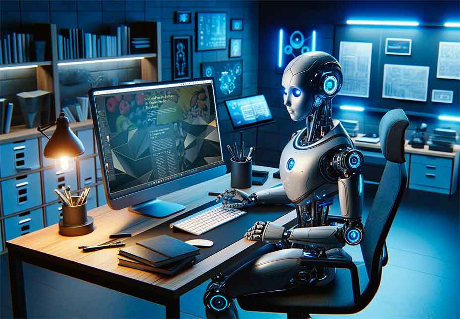 Pessoa/robô estudando em frente ao computador